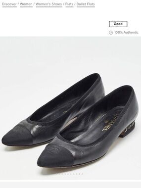 CHANEL Black Pointed Toe Leather Ballet Flats with Square Heel